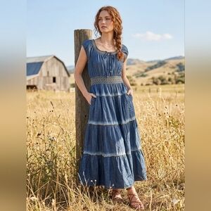 Indigo & Lace Boho Denim Smocked Maxi Dress - Tiered Western Prairie - Size S